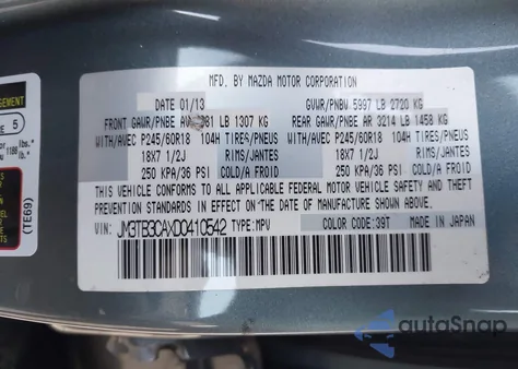 2013 Mazda Cx-9 Touring из США, поврежденный, VIN JM3TB3CAXD0410542